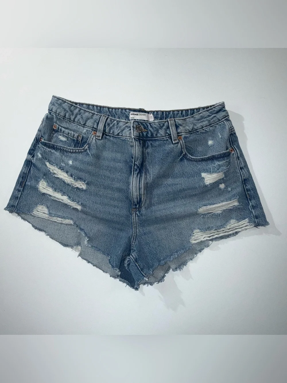 Garage Denim Festival Distressed Cutoff Jean Shorts Size 13/31 High Rise Raw Hem